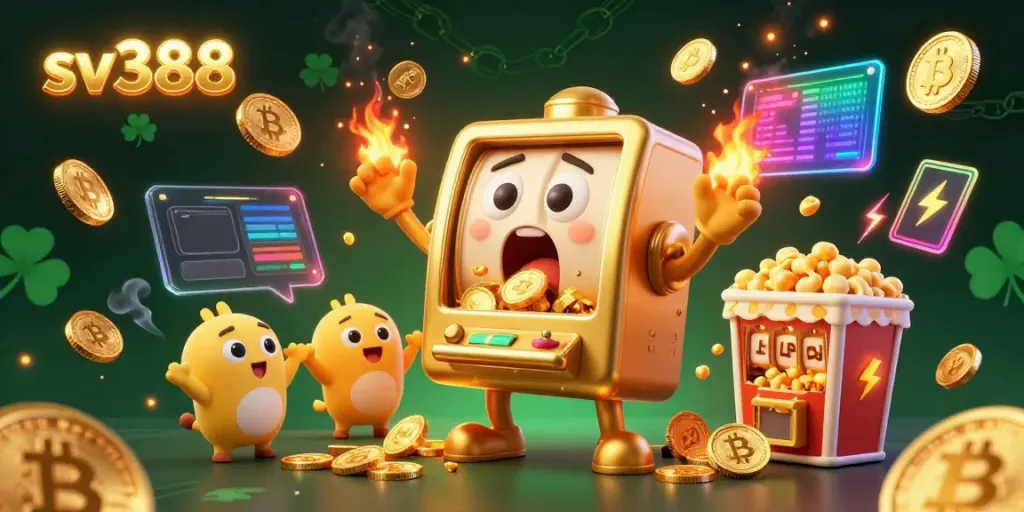 Experience excitement with sv388 as a golden slot machine celebrates winning with coins pouring out, surrounded by cheering baby slots.