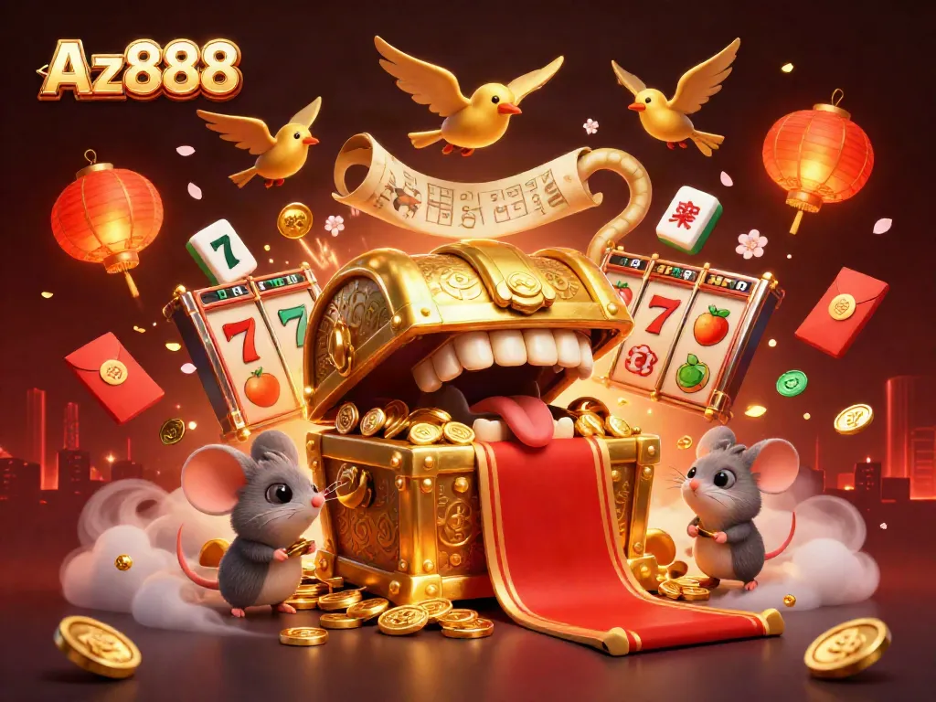 Engage with Az888's thrilling slot games featuring golden treasures and dynamic playful visuals.