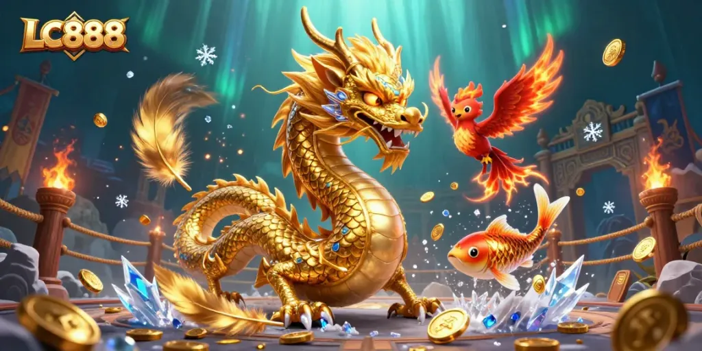 Experience an exhilarating scene of LC888 with a golden dragon, phoenix, and koi fish amidst dynamic casino elements.