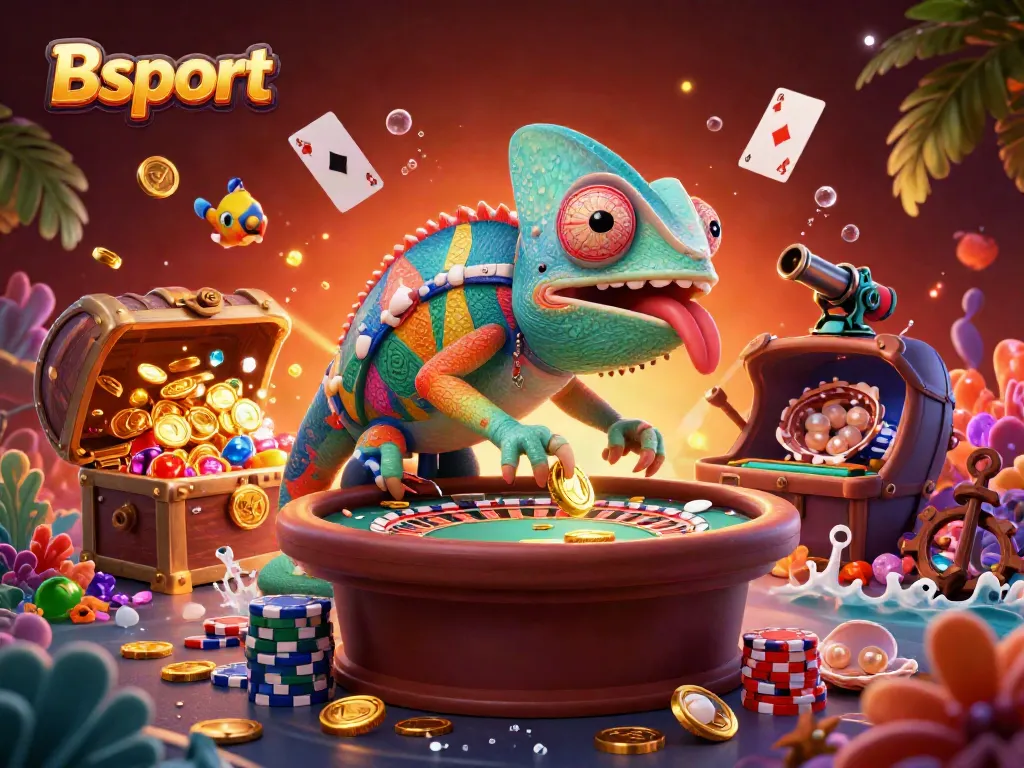 Engage in thrilling casino action with Bsport's vibrant chameleon owner surrounded by games and treasures.