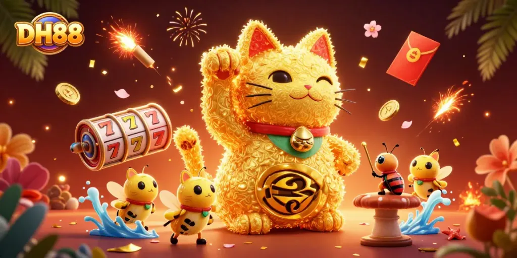 Engage in fun at DH88 with a vibrant scene of a lucky cat and casino elements.