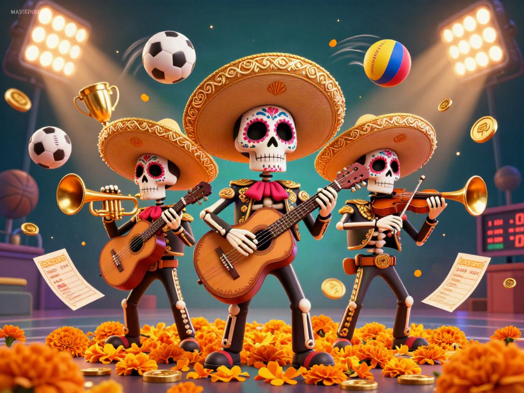 Join the excitement with MASTER188 as vibrant skeleton mariachi musicians celebrate in a dynamic sports-themed casino scene.