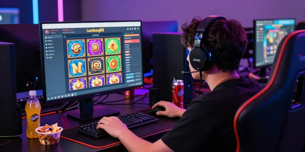 Player engaged with lumbung88 online gaming platform in a vibrant setup