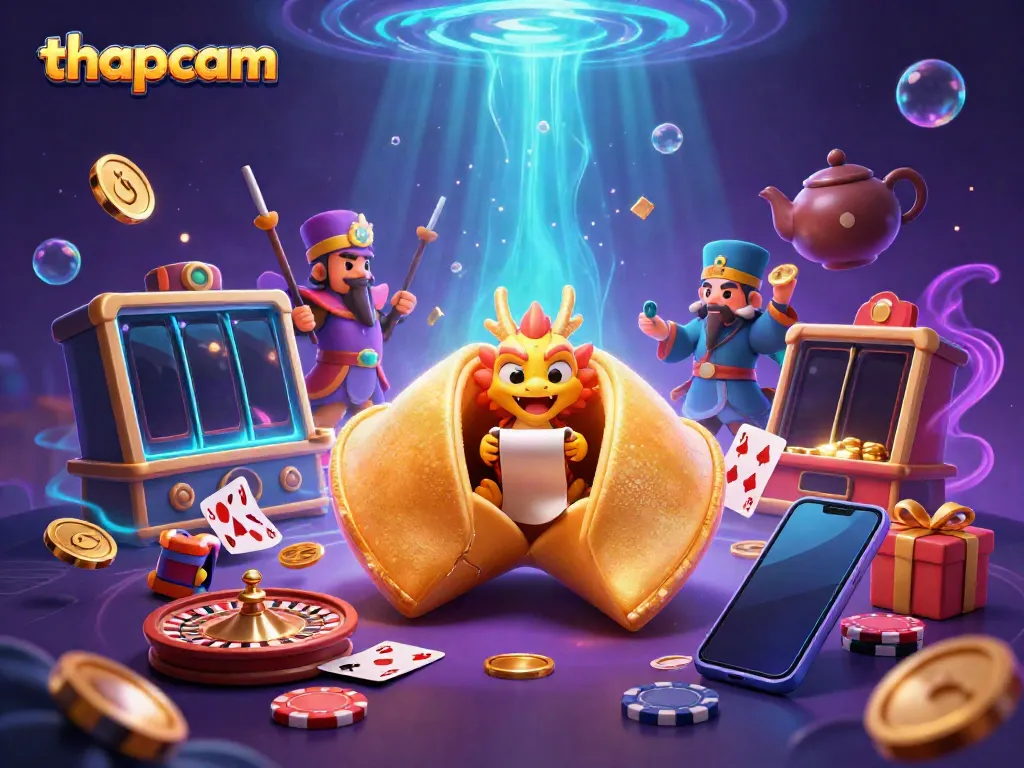 Experience exciting gameplay with Thapcam's vibrant 3D illustration of a golden fortune cookie and dragon amidst casino elements.