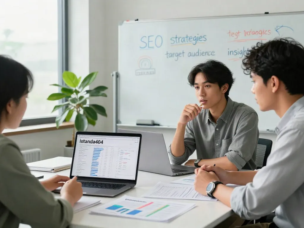 Dynamic team strategizing digital marketing efforts for istana404 in a modern workspace.