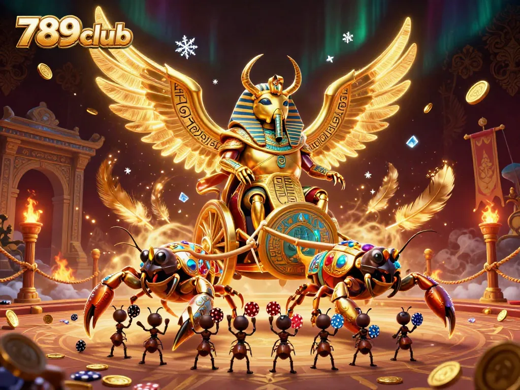Engage with 789club through this vibrant scene featuring a golden scarab beetle and poker chips, embodying casino excitement.