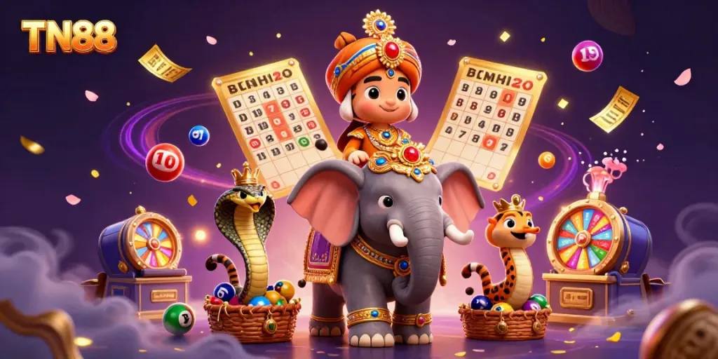 Experience TN88 with vibrant lottery visuals featuring a cartoon maharaja, elephant, and colorful lottery elements.