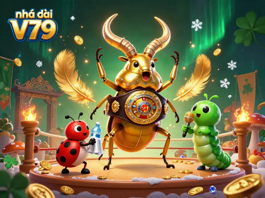 Engage with Nhà cái V79 in a dynamic casino scene featuring a giant beetle and lively game elements.