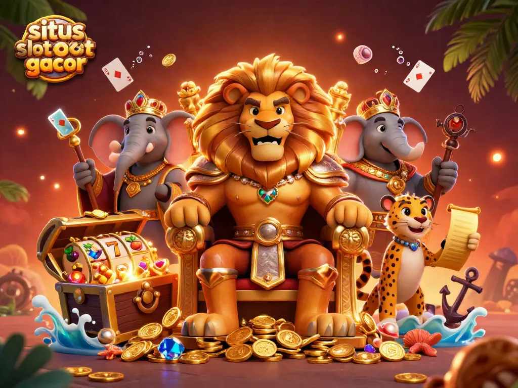 Experience the excitement of situs slot gacor with a lion king, wise elephant, and cheetah in a vibrant 3D casino scene.