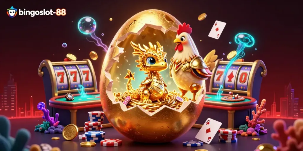 Menghadapi keseruan di bingoslot-88 dengan naga emas dan simbol slot yang menggembirakan.