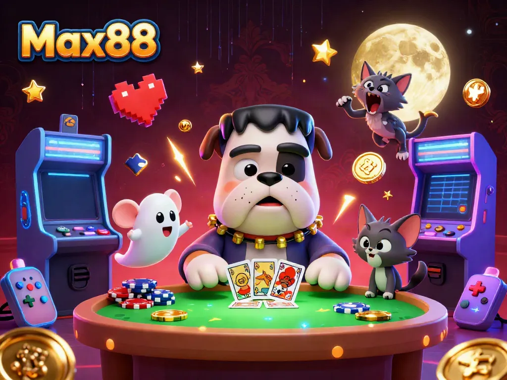 Max88 showcases a Frankenstein bulldog dealer at a vibrant casino table, surrounded by playful gaming elements.