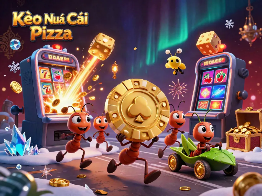 Kèo Nhà Cái Pizza features ants heist with poker chip, vibrant casino scene