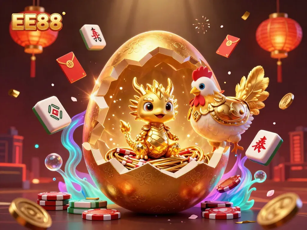 Engage in the enchanting world of EE88 with a golden dragon and poker chips in a vibrant casino scene.