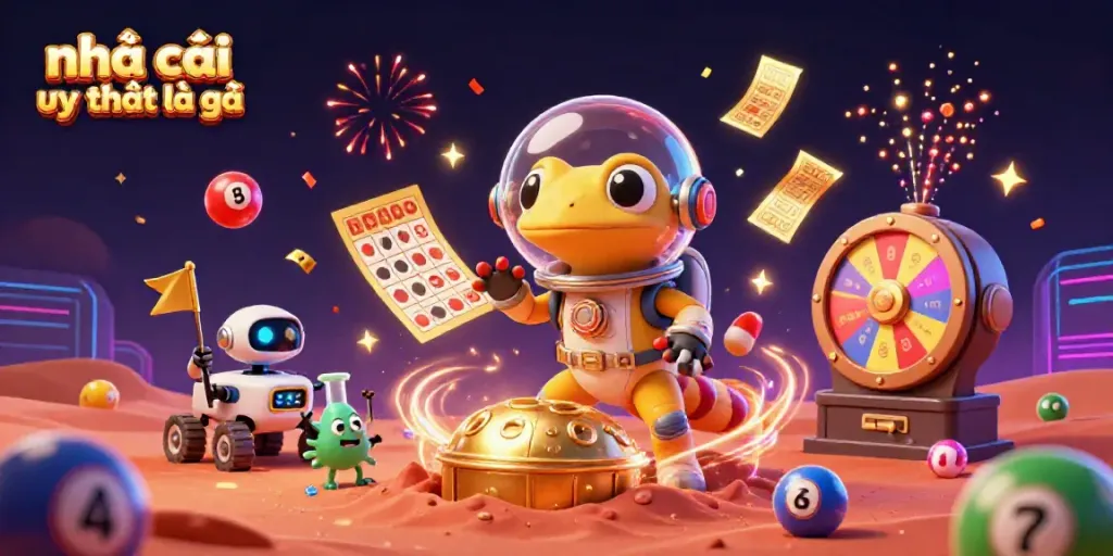 Exciting illustration of a Martian gecko discovering a golden casino, emphasizing nhà cái uy tín là gì.