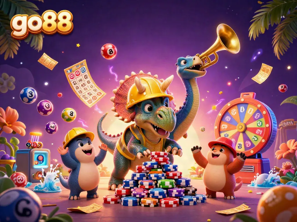 Engage with go88 as the triceratops builds a poker chip pyramid surrounded by festive lottery elements.