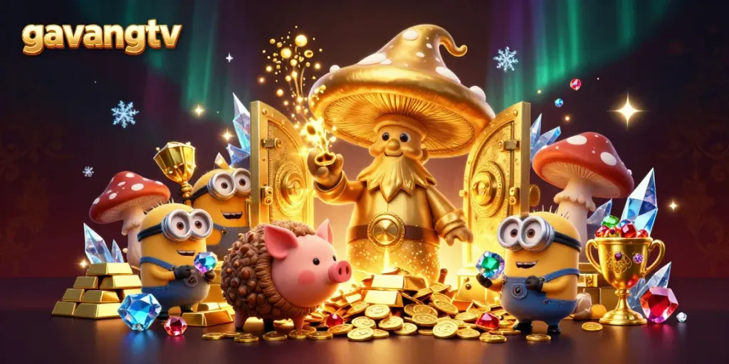 Experience rich, interactive gaming with GavangTV's gold-themed magical realm featuring vibrant characters and treasures.