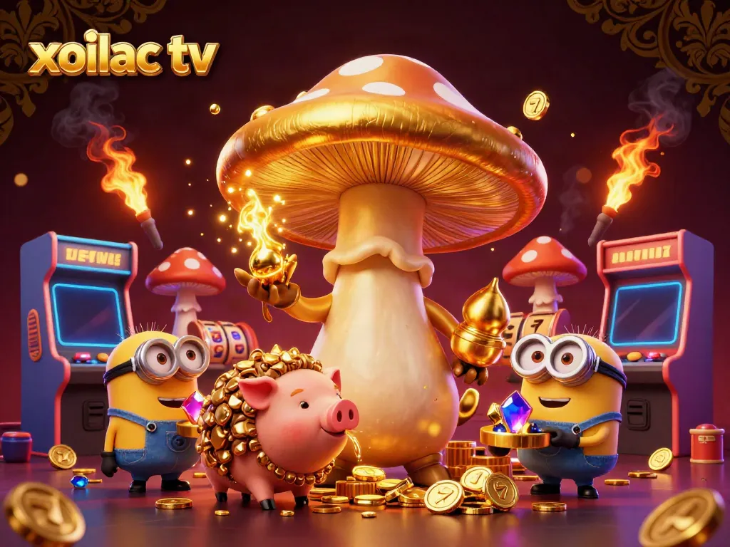 Xoilac TV offers a vibrant casino atmosphere featuring a golden wizard and treasures.
