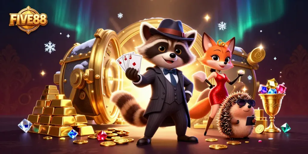Experience thrilling casino action at FIVE88 with characters in a vibrant gambling scene.