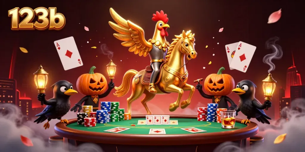 Explore thrilling action at 123b's vibrant casino with a golden rooster and crow companions.