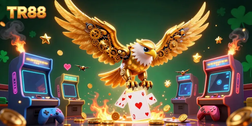 Experience the excitement of TR88 with a dynamic scene of a cybernetic eagle amidst gaming symbols, reflecting the online gambling world.
