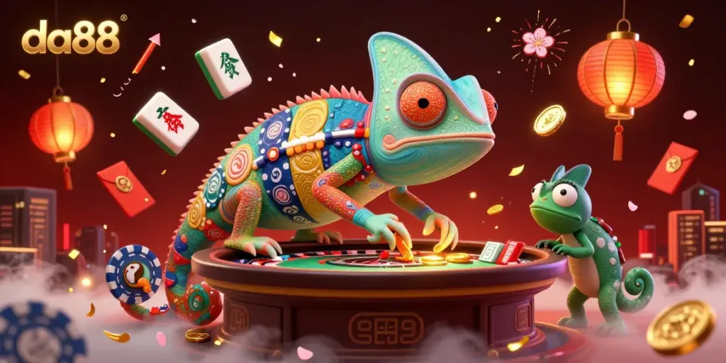 Experience the vibrant energy of da88 casino with a colorful 3D chameleon owner and festive gaming elements.