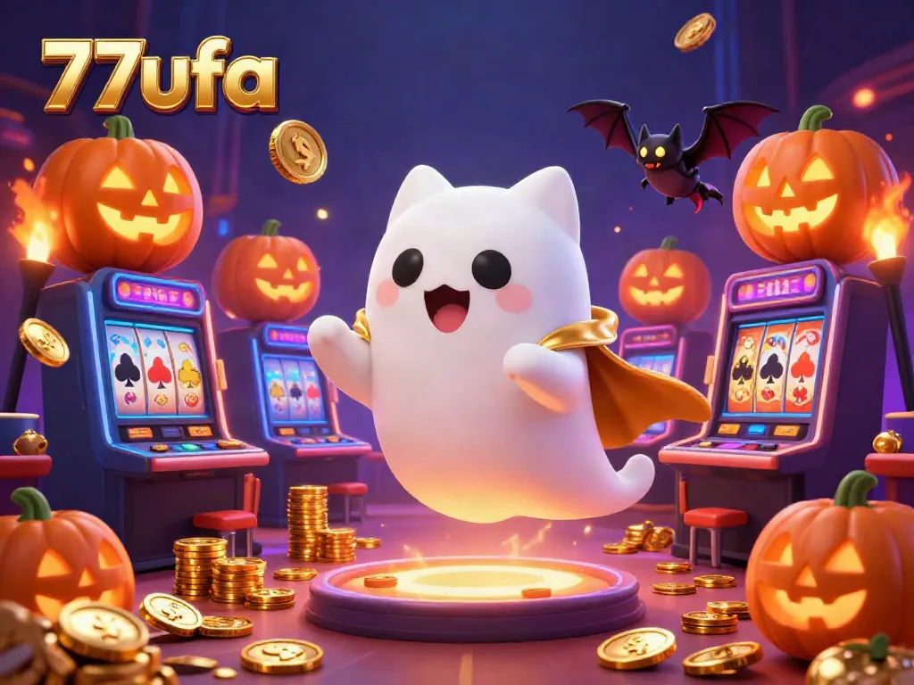 Engage with the thrilling spirit of 77ufa in a vibrant casino scene featuring a ghost cat and vampire bat.