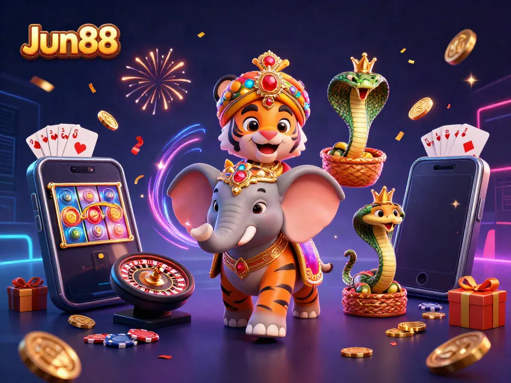 Experience the excitement of Jun88 with a vibrant 3D casino scene featuring a maharaja, elephant, and cobra.