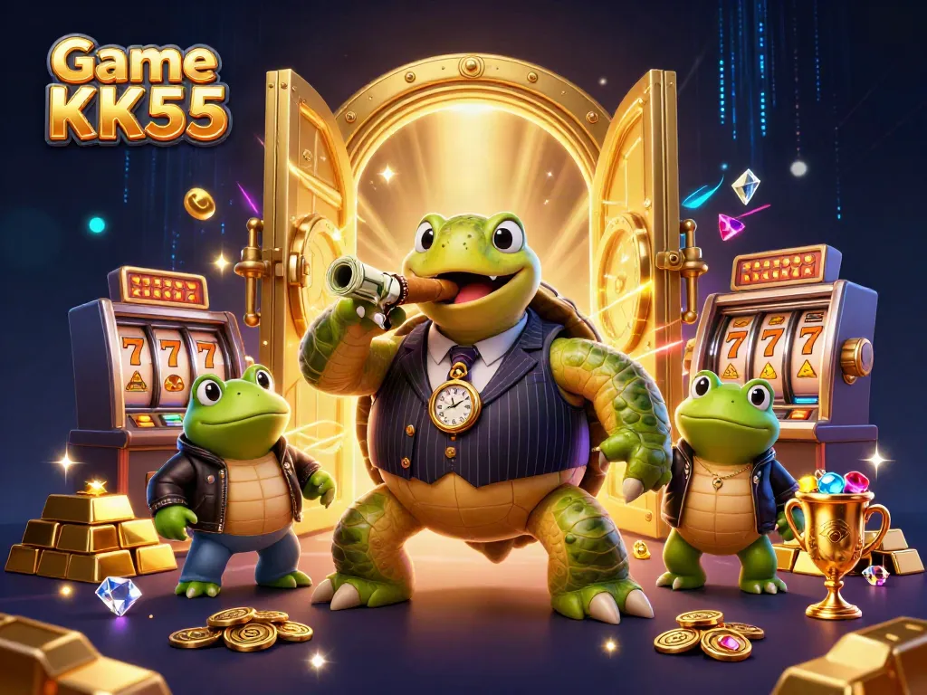 Engage with Game KK55's thrilling atmosphere featuring a turtle mobster, stacked treasures, and vibrant casino elements.