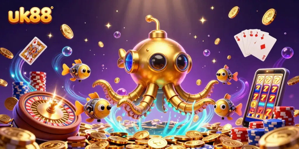 Experience thrilling gaming with uk88's exciting 3D casino scene featuring the kraken and golden treasures!