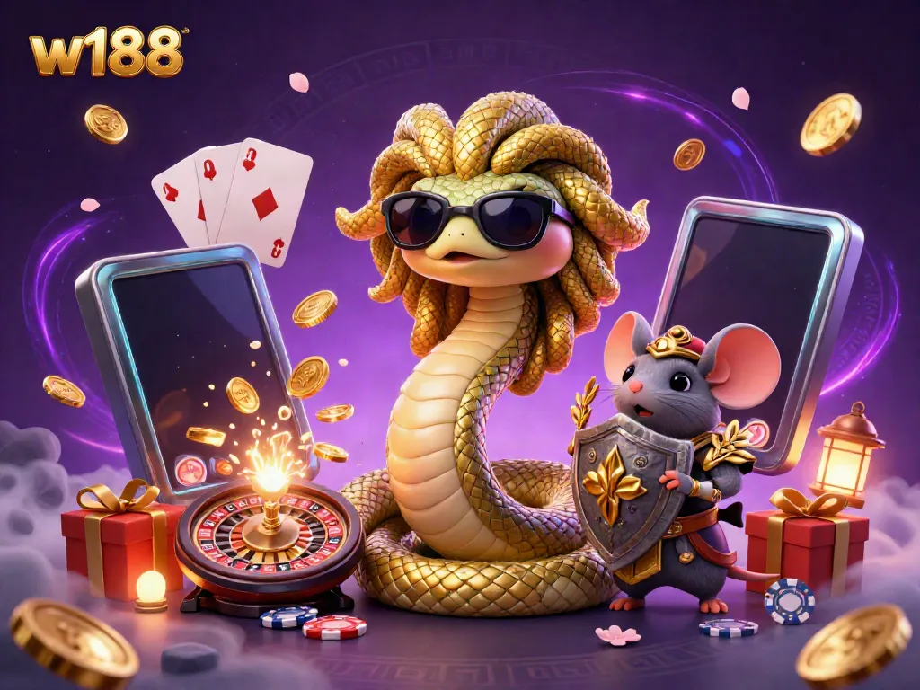 Engage with w188 in this lively casino scene featuring a friendly Medusa and warrior mouse amidst vibrant gaming elements.