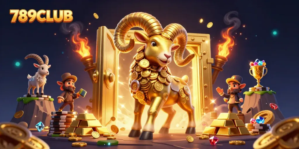 Experience thrilling gameplay at 789CLUB, where the golden ram charges through a majestic casino gate.