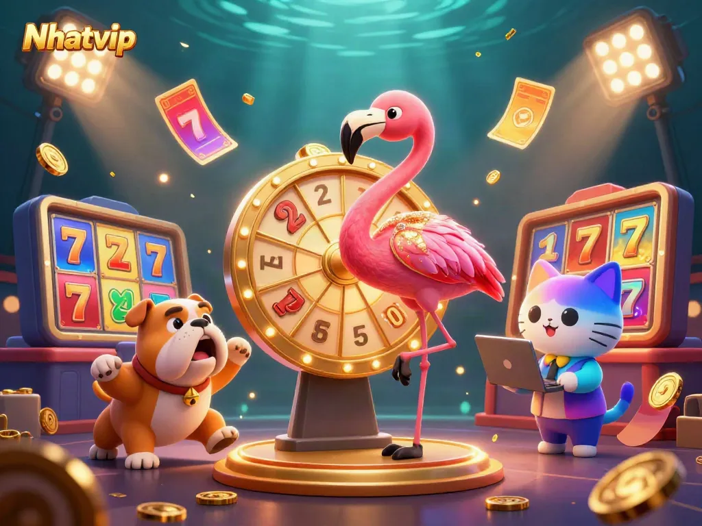 Engage with Nhatvip's exciting gaming atmosphere accompanied by a flamboyant game show host.