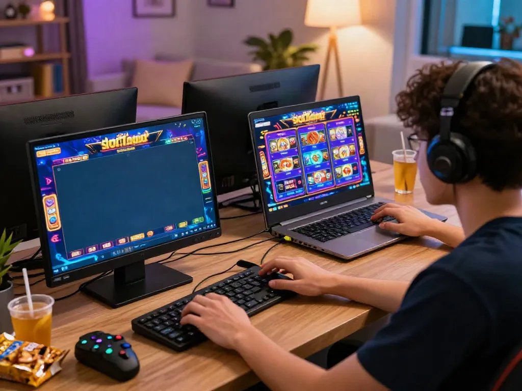 Engaging players enjoying slot Thailand games on digital devices in a cozy living room.