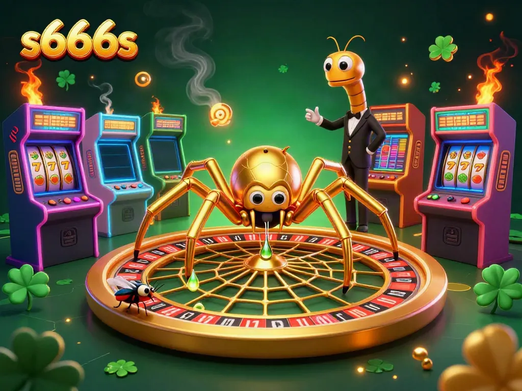 Watch the s666s spider spin a golden roulette wheel in this colorful 3D casino illustration.