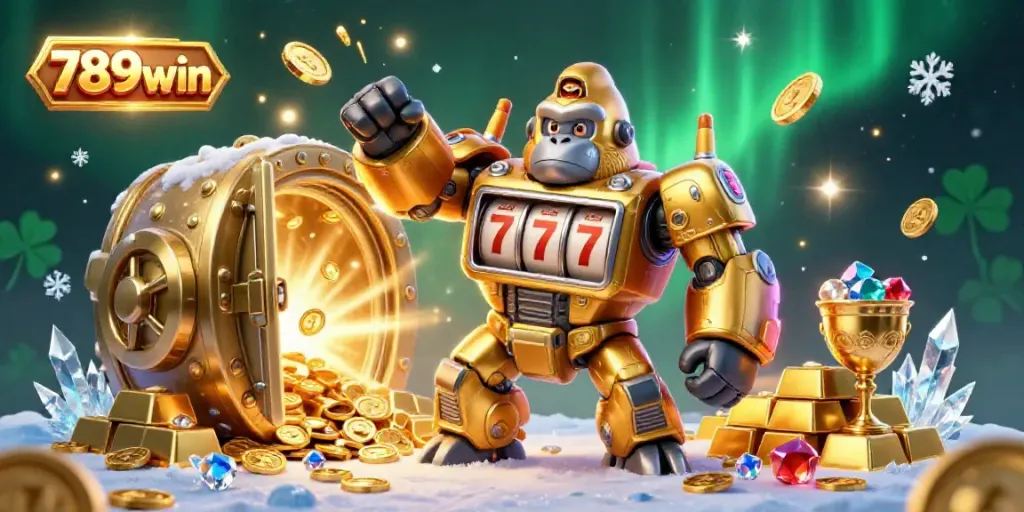 Experience the excitement of 789win with a dynamic scene featuring a golden gorilla mech and a treasure vault.