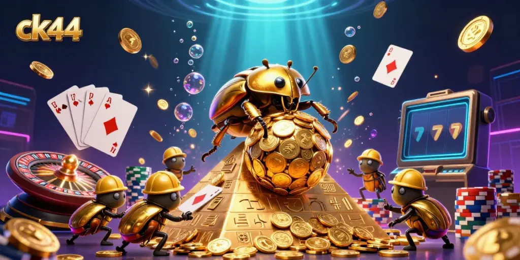 Experience the exciting gaming atmosphere of ck44 with a golden dung beetle rolling coins in a vibrant 3D casino.