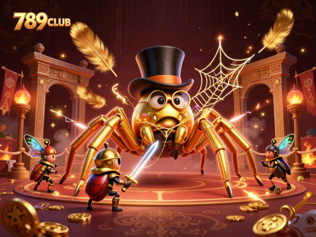Join the thrilling action at 789CLUB with a golden tarantula and beetle knight in a vibrant casino scene.