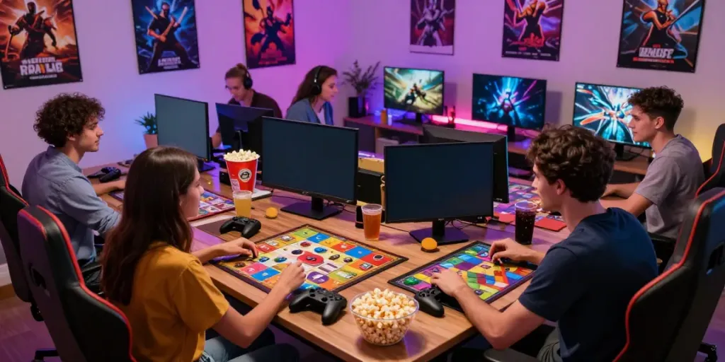 Kilat404 gaming group enjoying diverse games in a vibrant atmosphere.