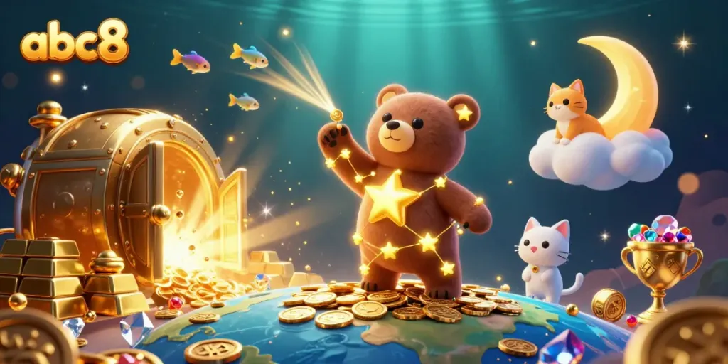 Engage with the magical world of abc8 as the constellation bear scoops up treasure amid vibrant casino elements.