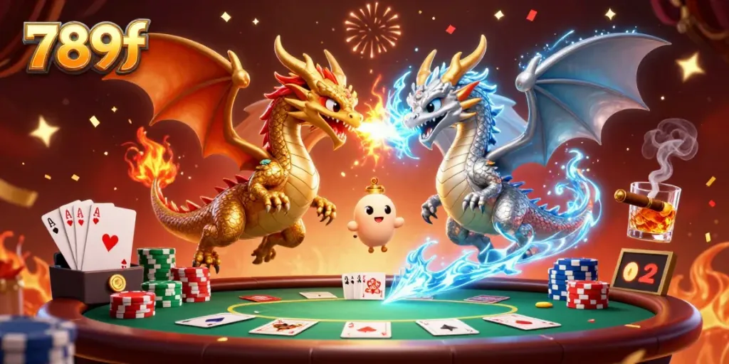 Experience thrilling bets with the 789f casino, featuring dynamic dragon characters and vibrant poker elements.
