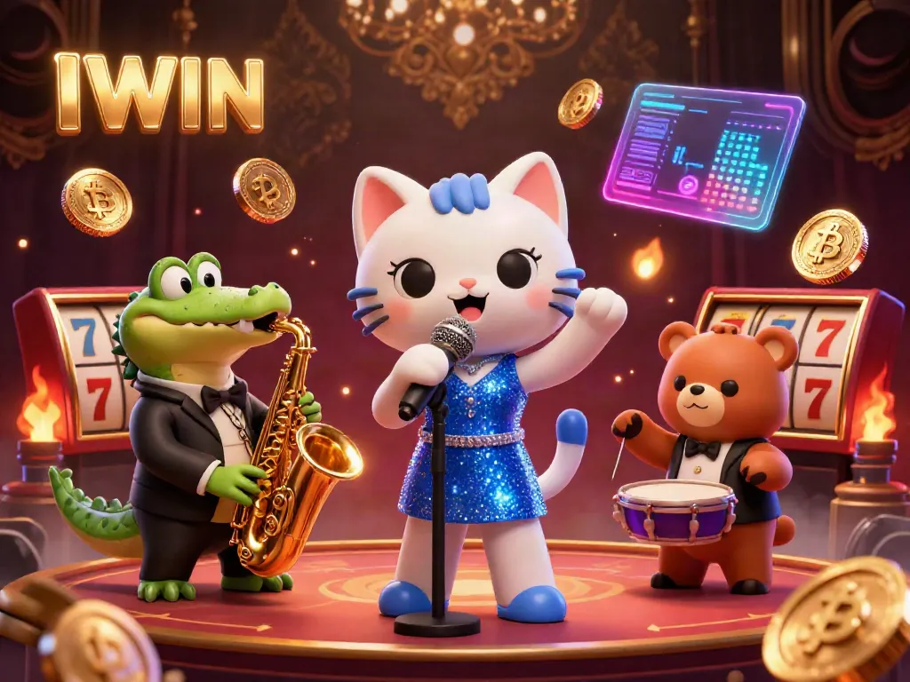 Engaging illustration with IWIN's jazz-singer cat, saxophone crocodile, and drum bear cub amidst vibrant casino symbols.