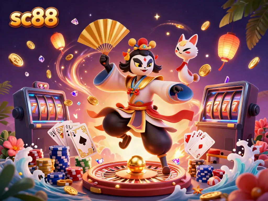 Experience the thrill of winning at SC88 with kabuki warriors and vibrant casino elements.