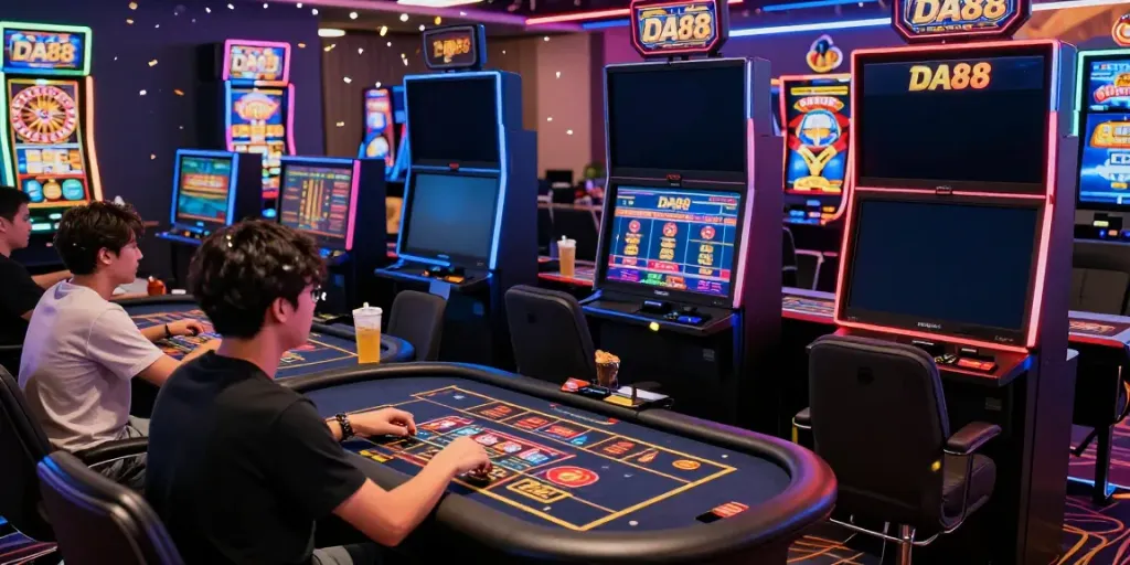 Engaged players enjoying DA88 online casino games on various screens in a vibrant digital environment