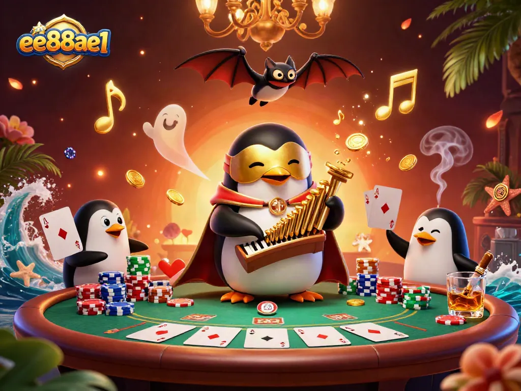 Experience the fun of ee88ae1 with a vibrant casino scene featuring a penguin playing organ and winning coins.