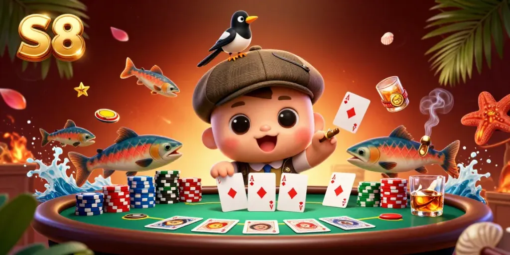 Engage in thrilling poker games at S8 with charming cartoon characters and vibrant casino elements.