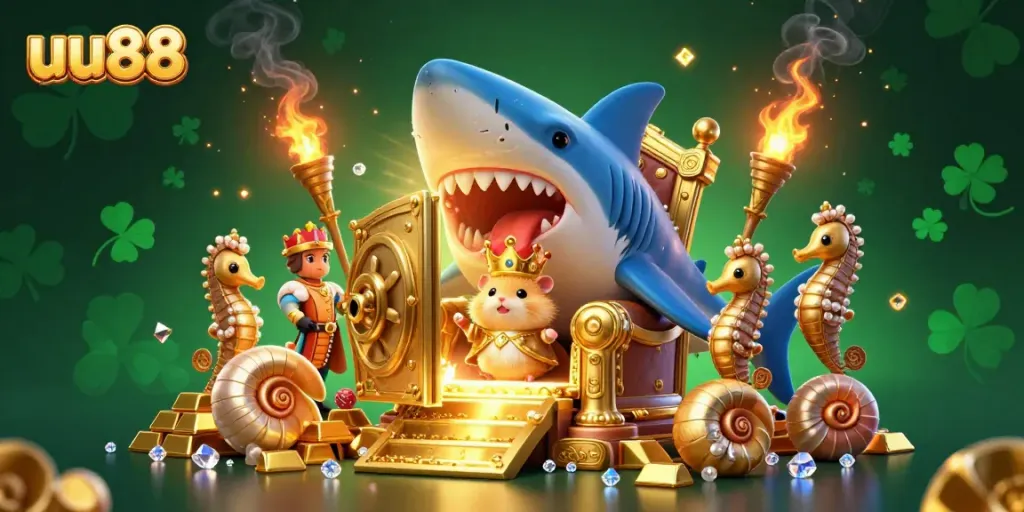 Experience thrilling moments at uu88 with a fierce hamster king on a unique throne among treasures.
