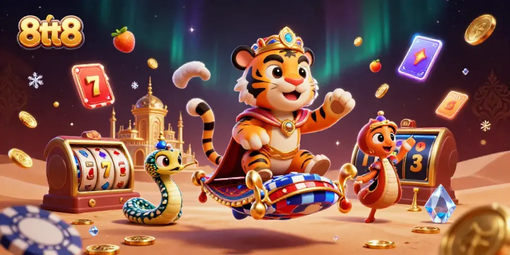 Engage with the 8tt8 casino scene, featuring a tiger sultan and dynamic slot gaming elements.