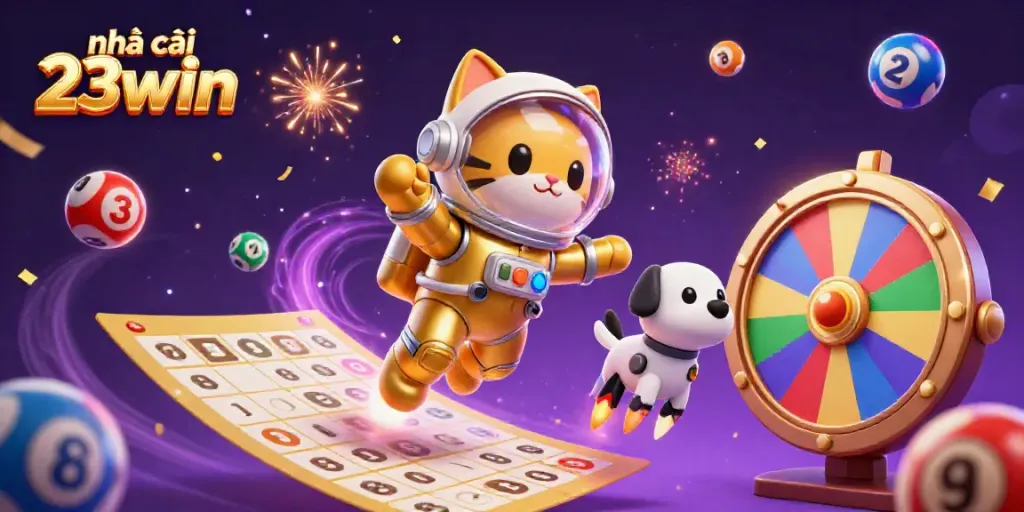 Engaging scene showcasing nhà cái 23win with lottery balls, a cat astronaut, and a robot dog in a dynamic cosmic setting.