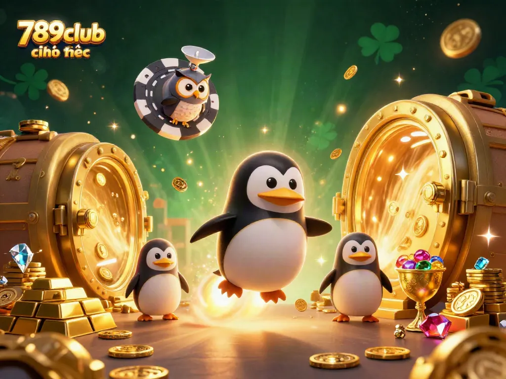 Experience the excitement with 789club chính thức, featuring a golden penguin and casino elements in a space backdrop.