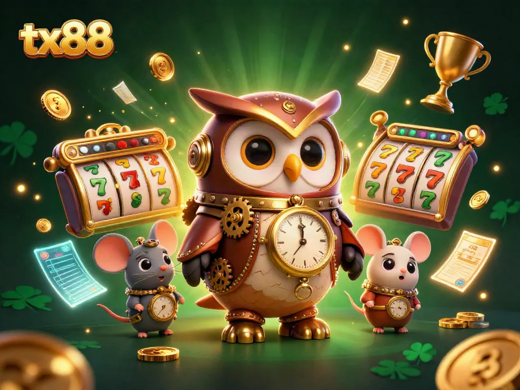 Experience thrilling action with tx88 as the owl and mouse navigate a vibrant casino world full of slot elements.